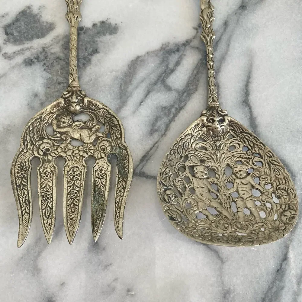 Ugo Bellini Set Of 2 Italian Ornate Metal Serving Fork Spoon Baroque Cherub Lion